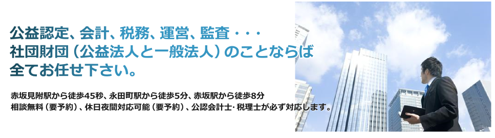 公益認定、会計、税務、運営、監査・・・社団財団（公益法人と一般法人）のことならば全てお任せ下さい。